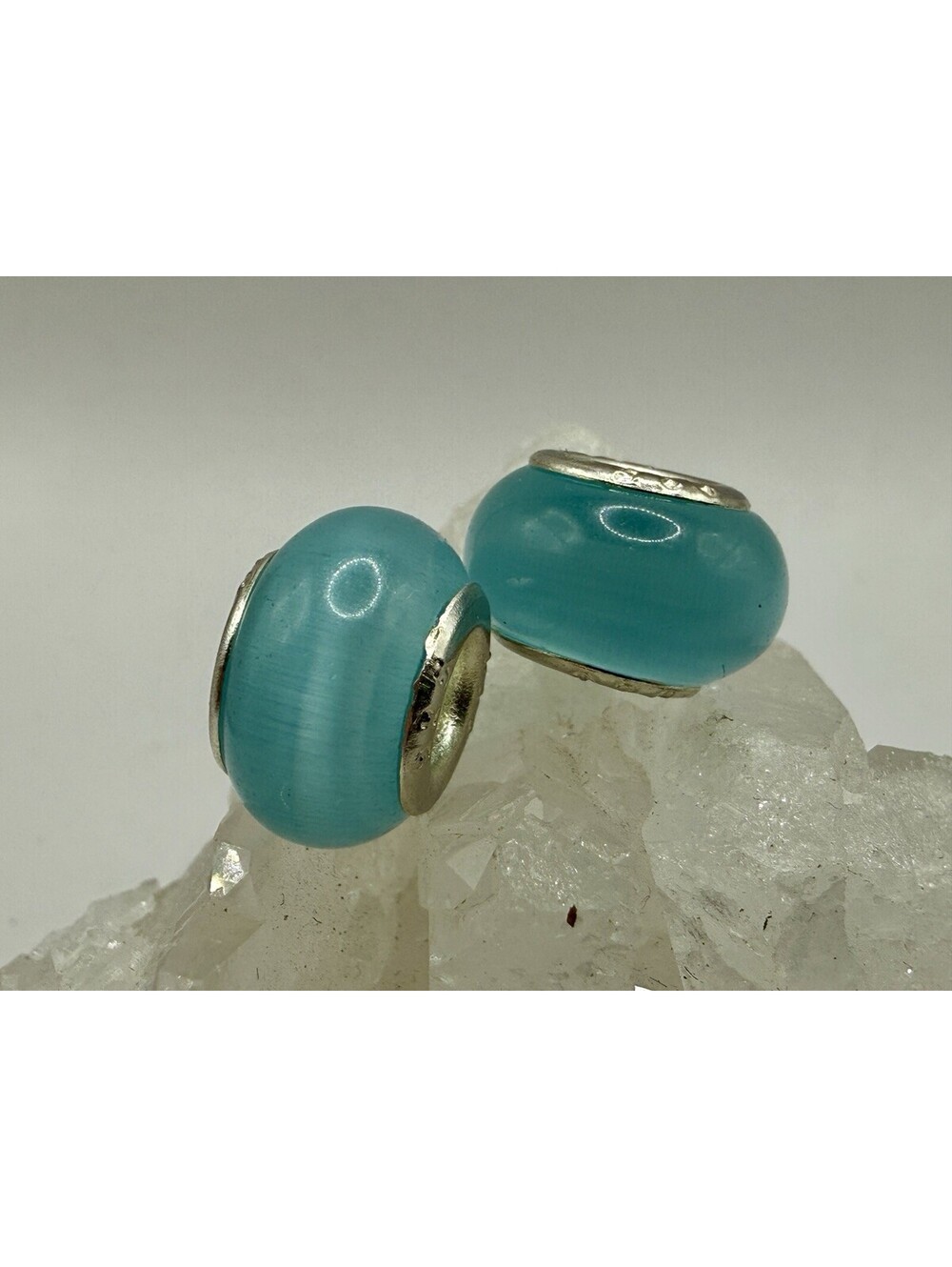 2x Teal Cat Eye Glass Charm Beads European 925 Sterling Silver Core Large Hole